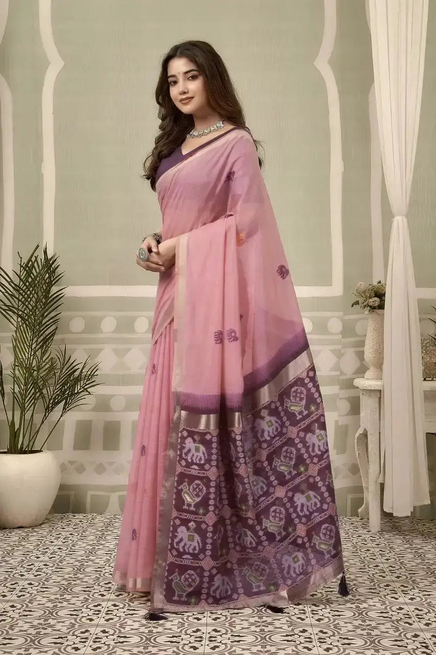 Soft Pink Zari Woven Saree side drape view – heavy cotton, zari weaving detail | KS304 Kalyanja