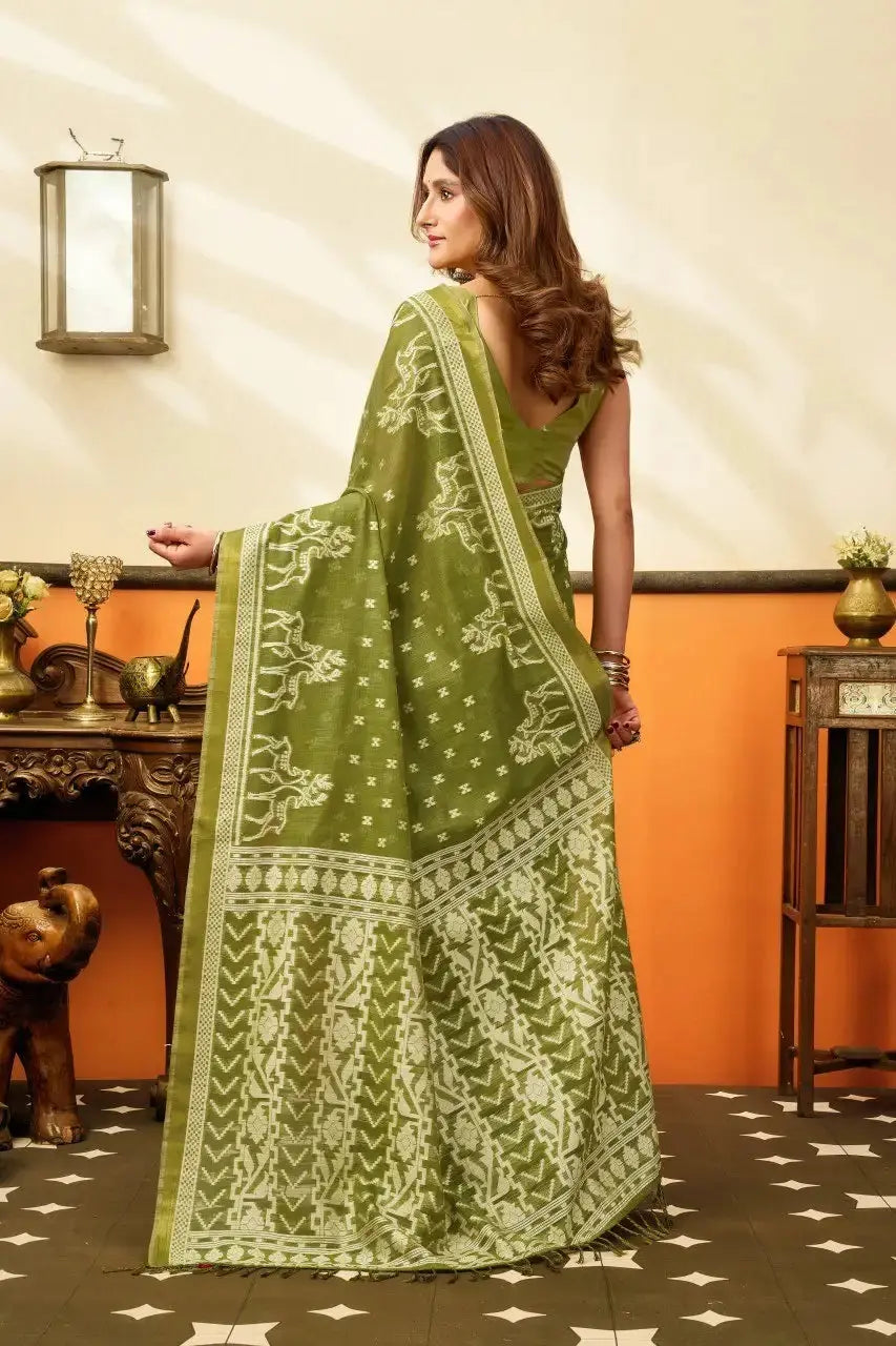 Back view of Android Green Jacquard Weaving Saree — woven pallu spread showing cream-on-green motifs