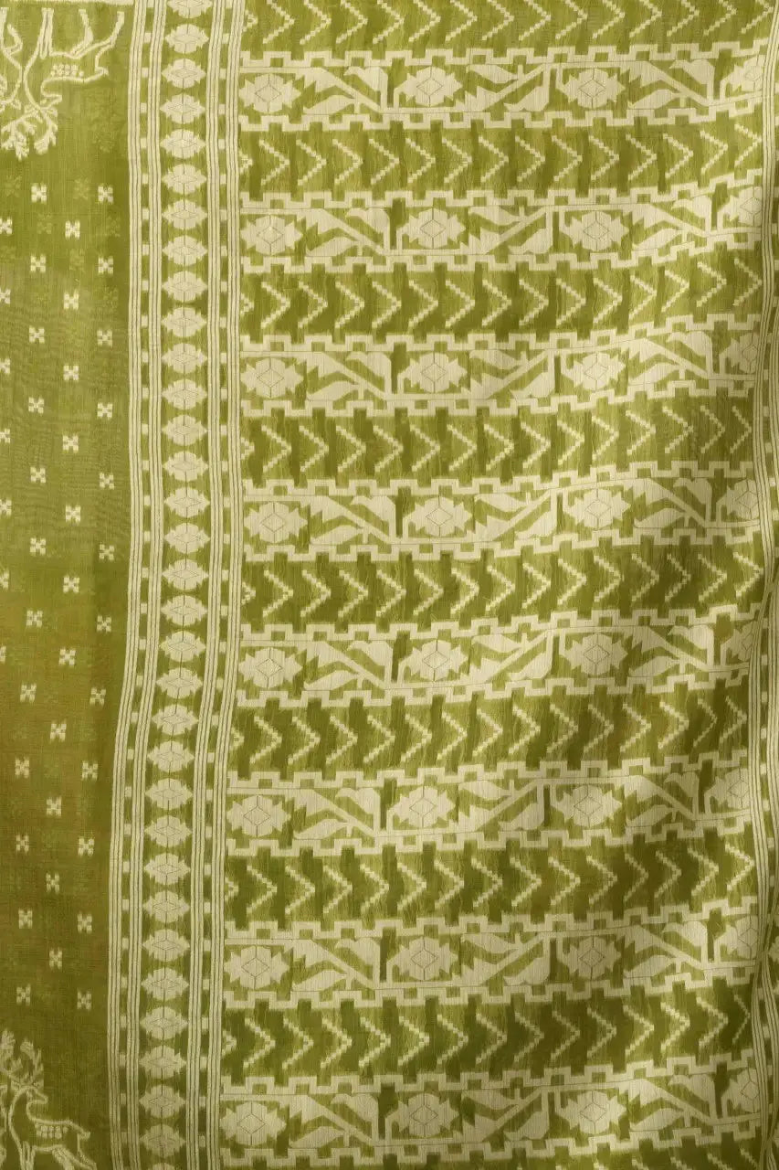 Close-up of woven pallu — Android Green Jacquard Saree with dense ikat chevron and animal motif weave