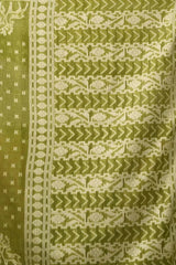 Close-up of woven pallu — Android Green Jacquard Saree with dense ikat chevron and animal motif weave