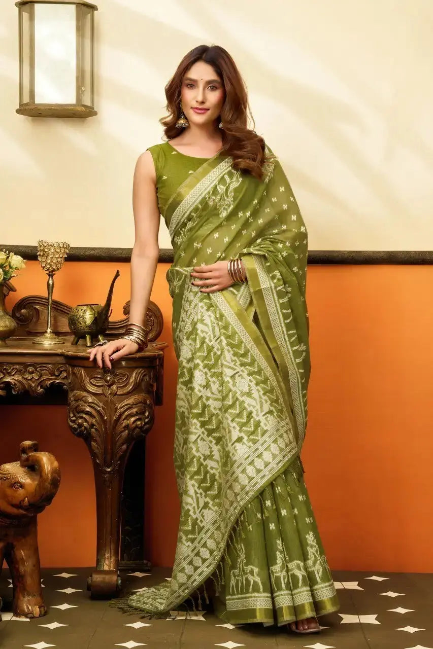 Android Green Jacquard Weaving Saree — full body side angle showing dense woven pallu panel