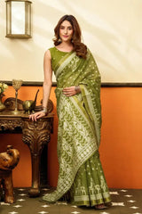 Android Green Jacquard Weaving Saree — full body side angle showing dense woven pallu panel