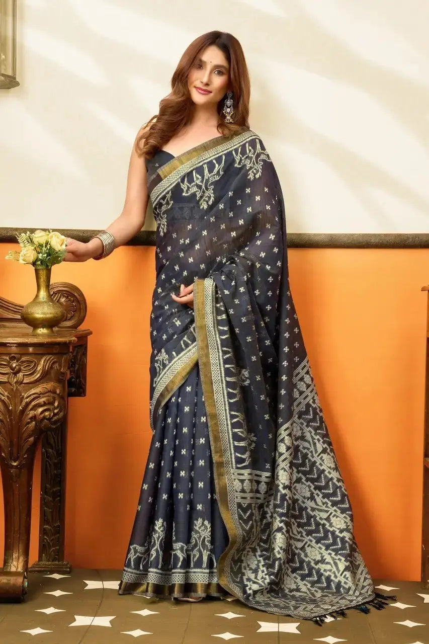 Black Jacquard Weaving Saree zari border close-up – metallic zari against black cotton | KS305 Kalyanja