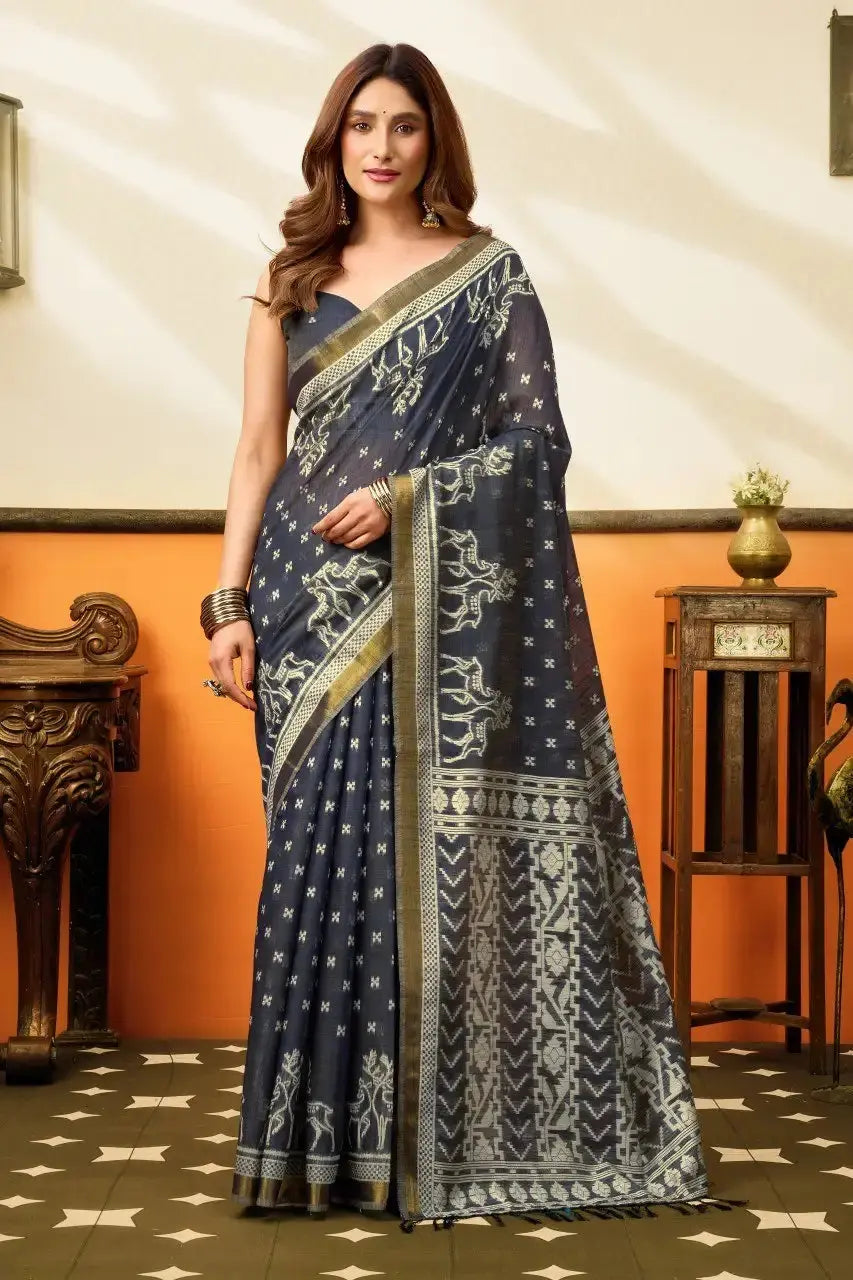 Black Jacquard Weaving Saree front drape – zari border, woven pallu, cotton | KS305 Kalyanja