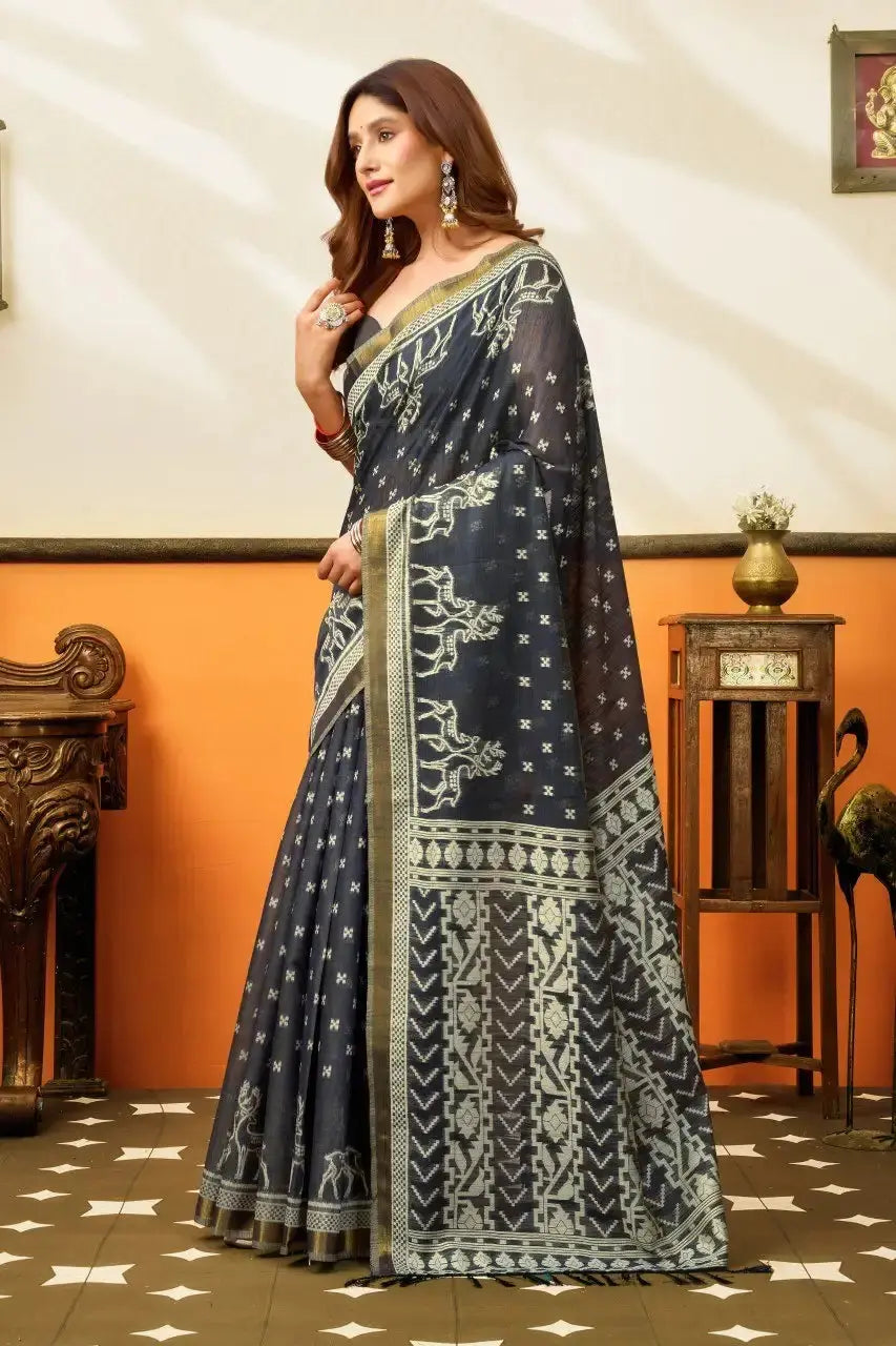 Black Jacquard Weaving Saree side drape view – jacquard weaving detail, cotton | KS305 Kalyanja