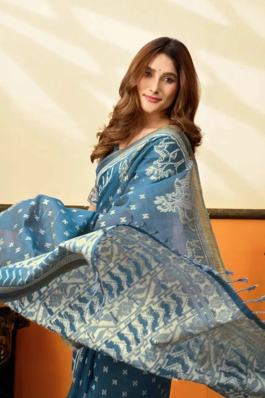 Blue Gray Jacquard Weaving Saree body close-up – fine jacquard woven texture across cotton drape | KS305 Kalyanja