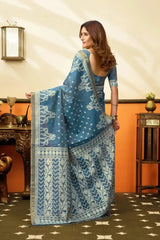 Blue Gray Jacquard Weaving Saree zari border close-up – crisp metallic border, cotton | KS305 Kalyanja