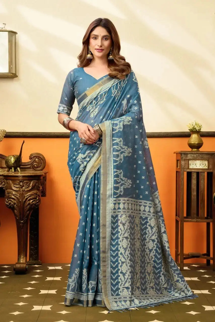 Blue Gray Jacquard Weaving Saree front drape – zari border, woven pallu, cotton | KS305 Kalyanja