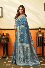 Blue Gray Jacquard Weaving Saree side drape view – jacquard weaving detail, cotton | KS305 Kalyanja