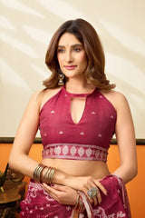 Dark Pink Jacquard Weaving Saree back view – woven pallu draped over shoulder | KS305 Kalyanja