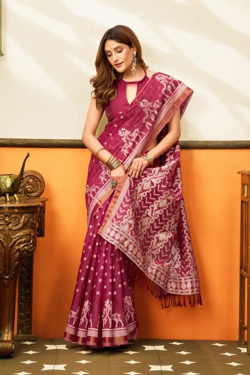 Dark Pink Jacquard Weaving Saree zari border close-up – crisp metallic border, cotton | KS305 Kalyanja