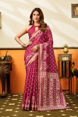 Dark Pink Jacquard Weaving Saree front drape – zari border, woven pallu, cotton | KS305 Kalyanja