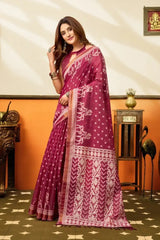 Dark Pink Jacquard Weaving Saree side drape view – jacquard weaving detail, cotton | KS305 Kalyanja
