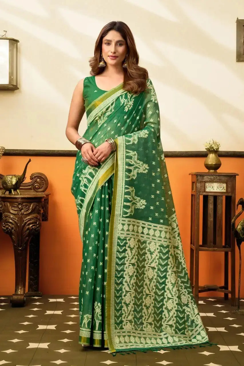 Green Jacquard Weaving Saree front drape – zari border, woven pallu, cotton | KS305 Kalyanja