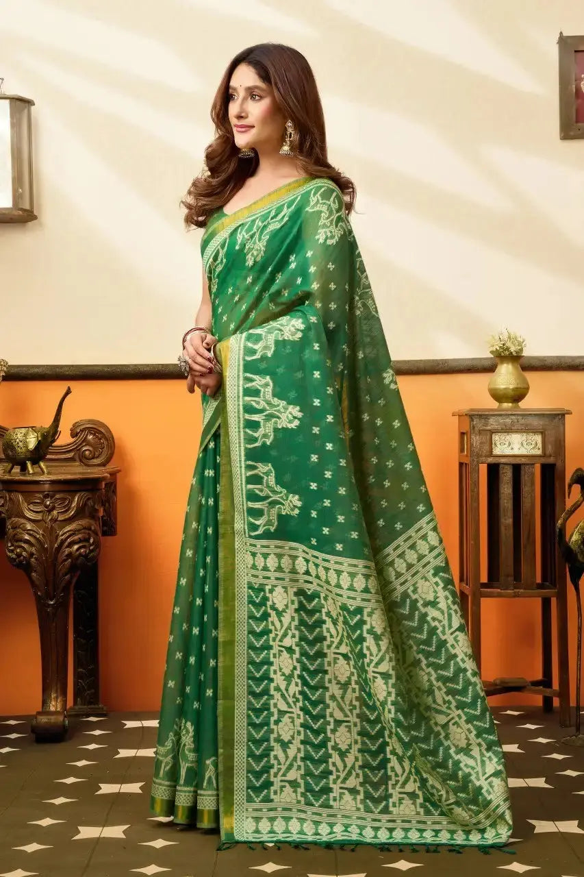 Green Jacquard Weaving Saree woven pallu detail – richly textured panel | KS305 Kalyanja