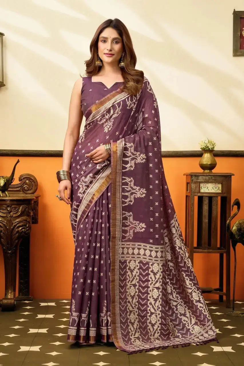Wine Jacquard Weaving Saree front drape – zari border, woven pallu, cotton | KS305 Kalyanja