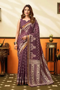 Wine Jacquard Weaving Saree – Cotton, Woven Pallu, Festive Wear