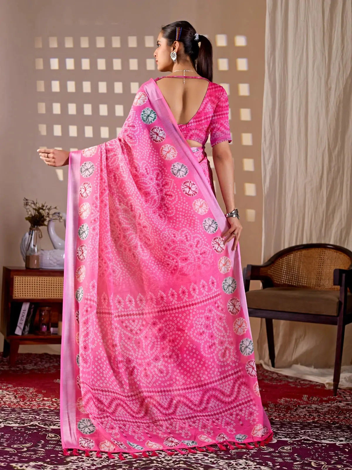 Back view of Pink Floral Digital Print Saree — pallu spread showing full bandhani dot and medallion pattern