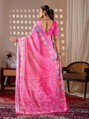 Back view of Pink Floral Digital Print Saree — pallu spread showing full bandhani dot and medallion pattern
