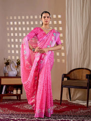 Pink Floral Digital Print Saree — front view showing full bandhani dot ground and multicolour medallions