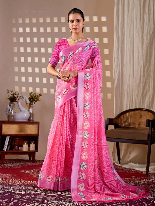 Pink Floral Digital Print Saree — full front view with bandhani-style shibori medallions and zari border