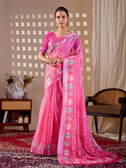 Pink Floral Digital Print Saree — full front view with bandhani-style shibori medallions and zari border
