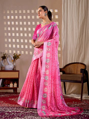 Side profile of Pink Floral Digital Print Saree — full length linen cotton drape with shibori pallu