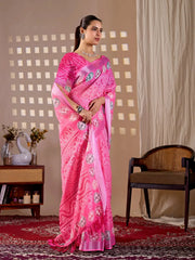 Three-quarter front view of Pink Floral Digital Print Saree in soft linen cotton