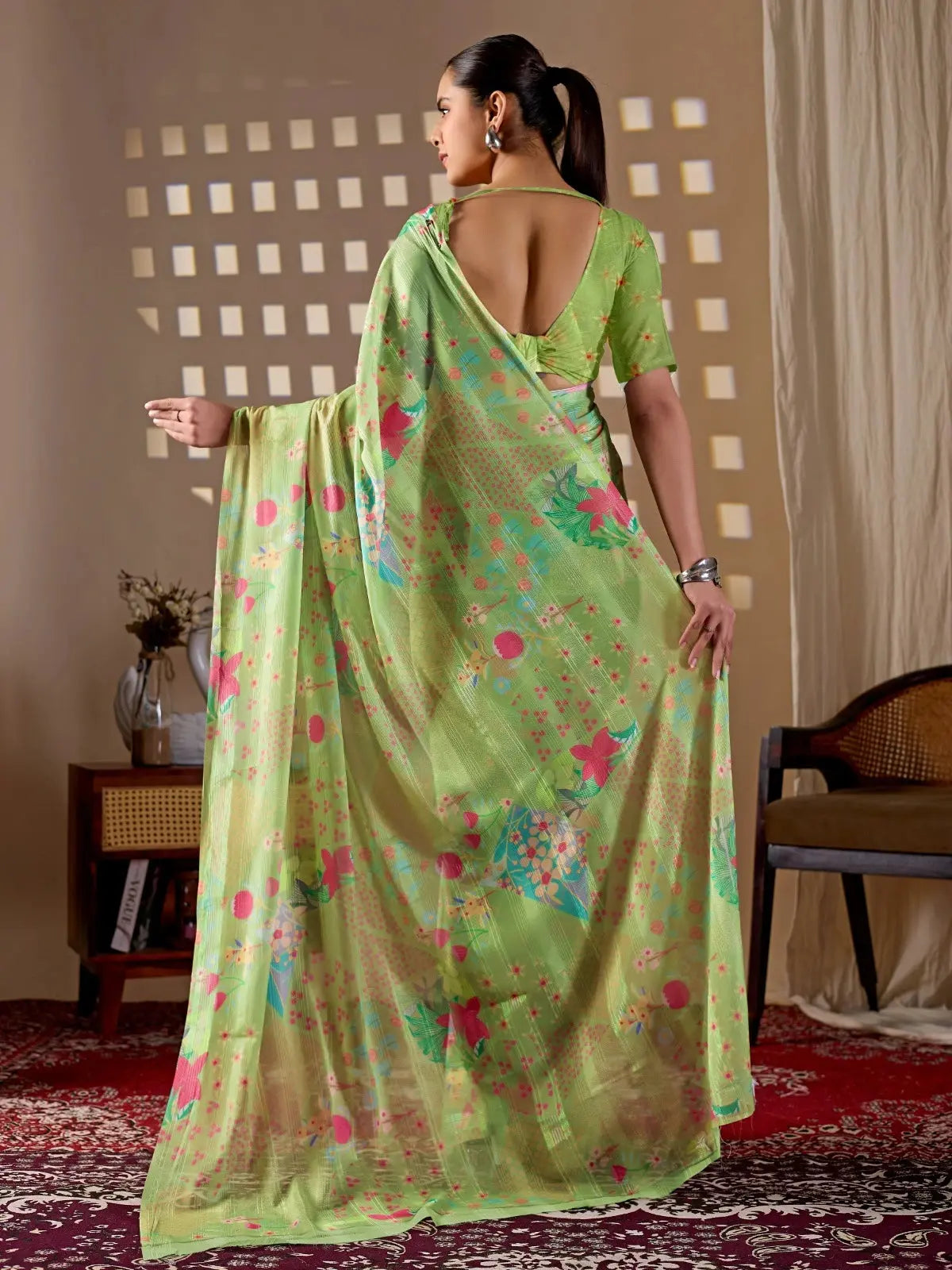Back view of Pista Green Floral Digital Print Saree — open back blouse and full pallu spread with florals