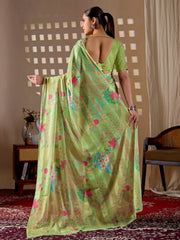 Back view of Pista Green Floral Digital Print Saree — open back blouse and full pallu spread with florals