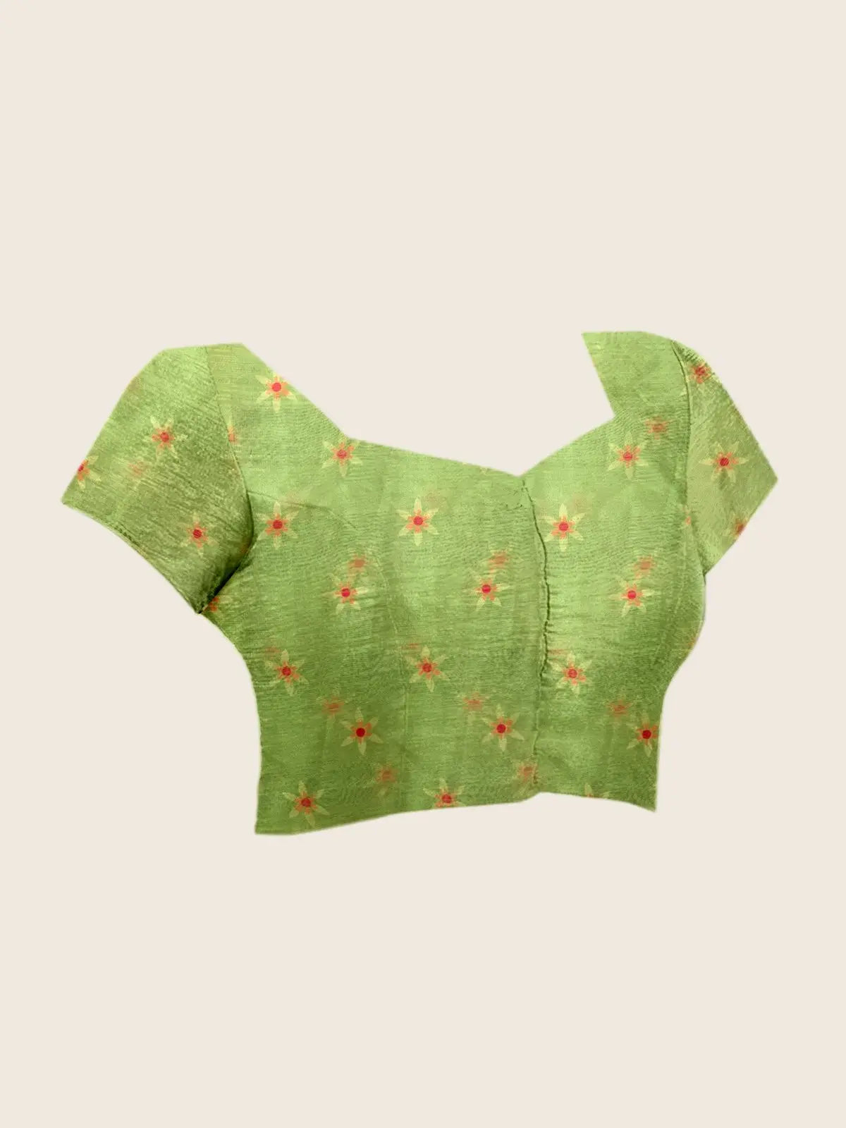 Flat lay of running blouse piece — Pista Green Floral Digital Print Saree with matching small floral blouse