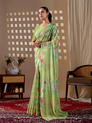 Pista Green Floral Digital Print Saree — front view with hands clasped, full floral print body visible