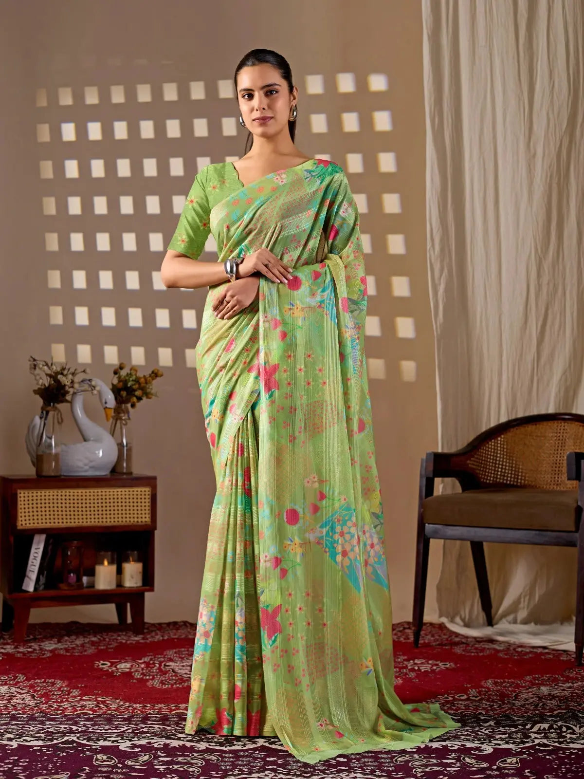 Pista Green Floral Digital Print Saree — full front view with multicolour floral print on premium monsoon fabric