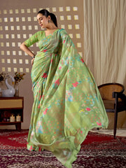 Pista Green Floral Digital Print Saree — dynamic pallu flare showing full multicolour floral print