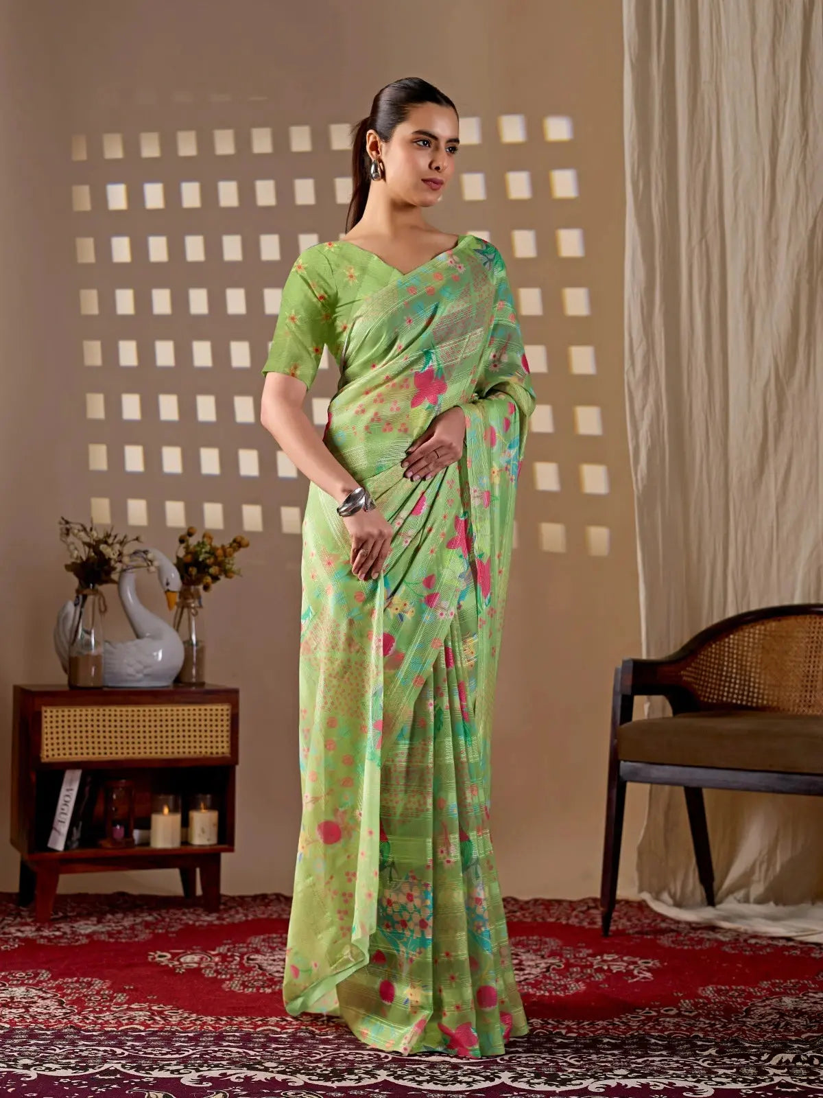 Three-quarter front view of Pista Green Floral Digital Print Saree in premium monsoon fabric
