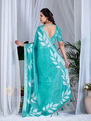 Back view of Aqua Blue Floral Digital Print Saree — open back blouse and pallu spread with leaf print
