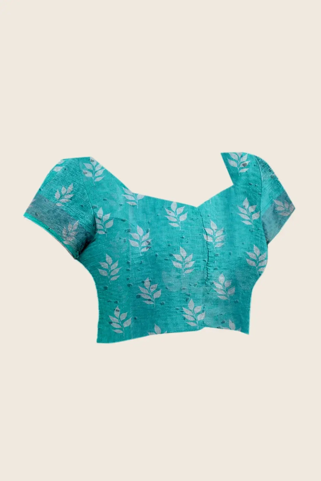 Flat lay of running blouse piece — Aqua Blue Floral Digital Print Saree matching teal leaf print blouse