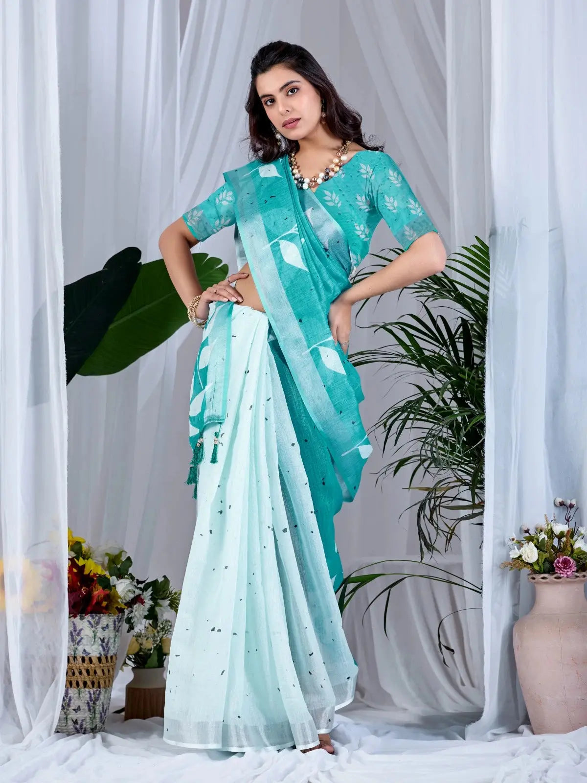 Aqua Blue Ombre Saree — full front view hands on hips showing teal-to-mint gradient depth and white leaf print