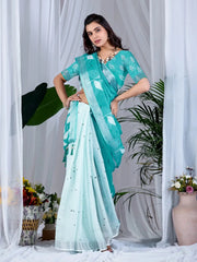 Aqua Blue Ombre Saree — full front view hands on hips showing teal-to-mint gradient depth and white leaf print