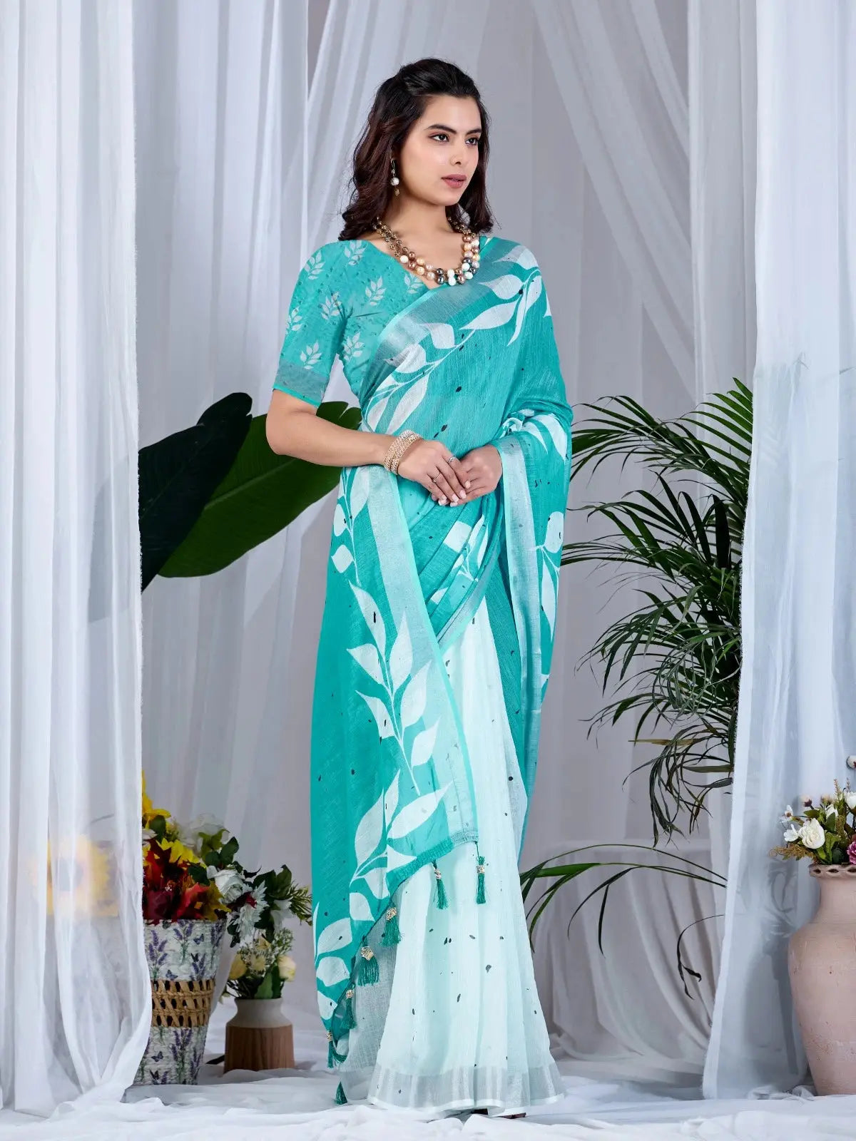 Aqua Blue Floral Digital Print Saree — front view with teal top and mint hem ombre gradient