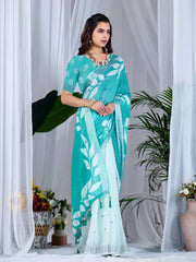 Aqua Blue Floral Digital Print Saree — front view with teal top and mint hem ombre gradient