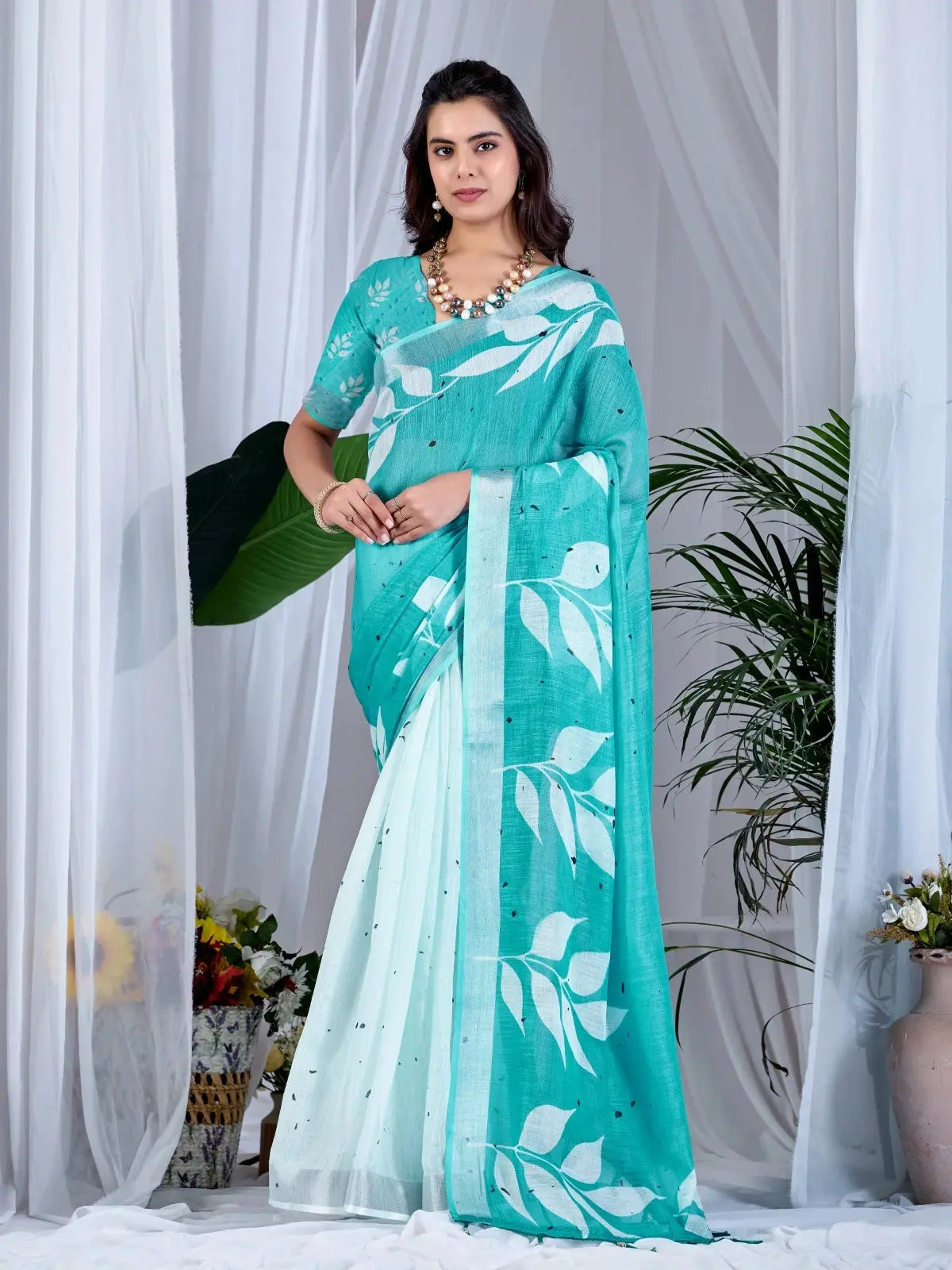 Aqua Blue Floral Digital Print Saree — full front with teal-to-mint ombre gradient and white botanical leaf print