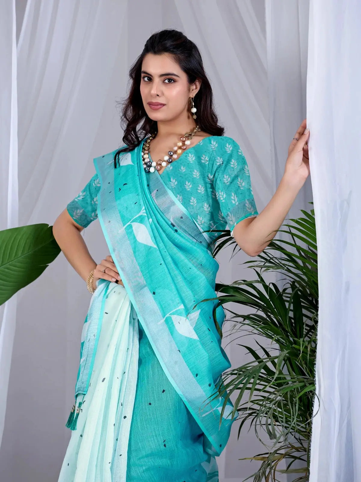 Half body view of Aqua Blue Floral Digital Print Saree — blouse and ombre gradient detail visible