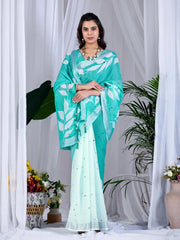 Aqua Blue Floral Digital Print Saree — pallu draped open showing full white botanical leaf print pattern