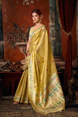 Golden Beige Tissue Silk Blend Jacquard Weaving Saree body close-up – intricate jacquard woven texture | KS309 Kalyanja