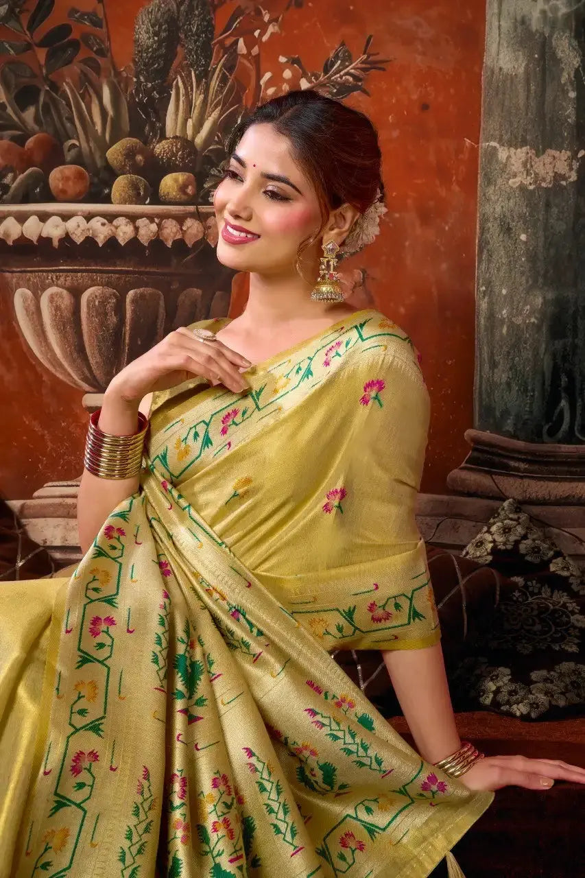 Golden Beige Tissue Silk Blend Jacquard Weaving Saree Paithani border close-up – richly woven border detail | KS309 Kalyanja