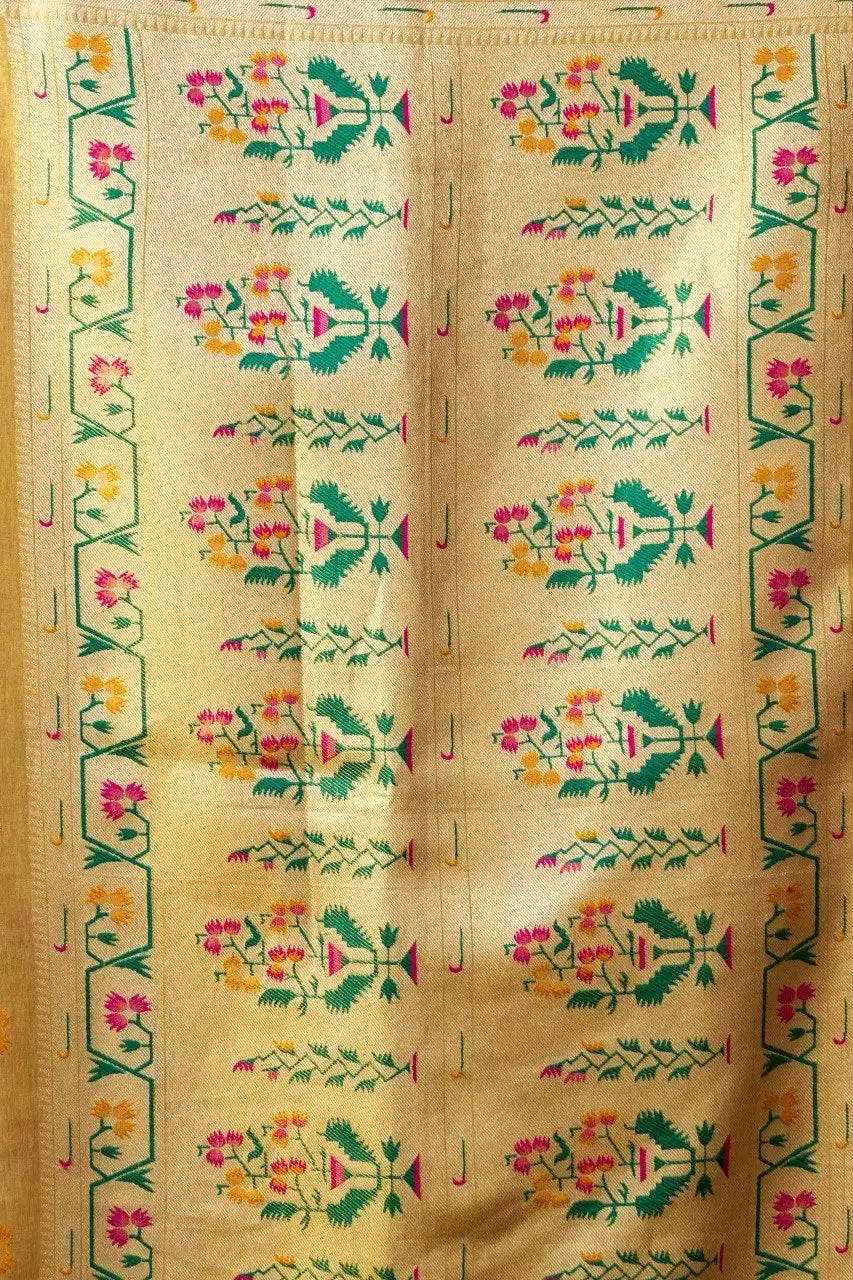 Golden Beige Tissue Silk Blend Jacquard Weaving Saree flat lay – full 5.5m with blouse piece, KS309 by Kalyanja