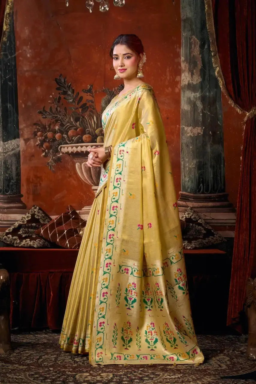 Golden Beige Tissue Silk Blend Jacquard Weaving Saree front drape – Paithani border, contrast pallu | KS309 Kalyanja