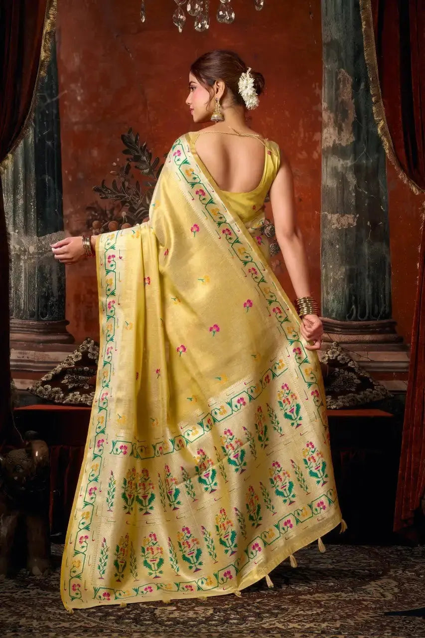 Golden Beige Tissue Silk Blend Jacquard Weaving Saree contrast pallu detail – KS309 by Kalyanja