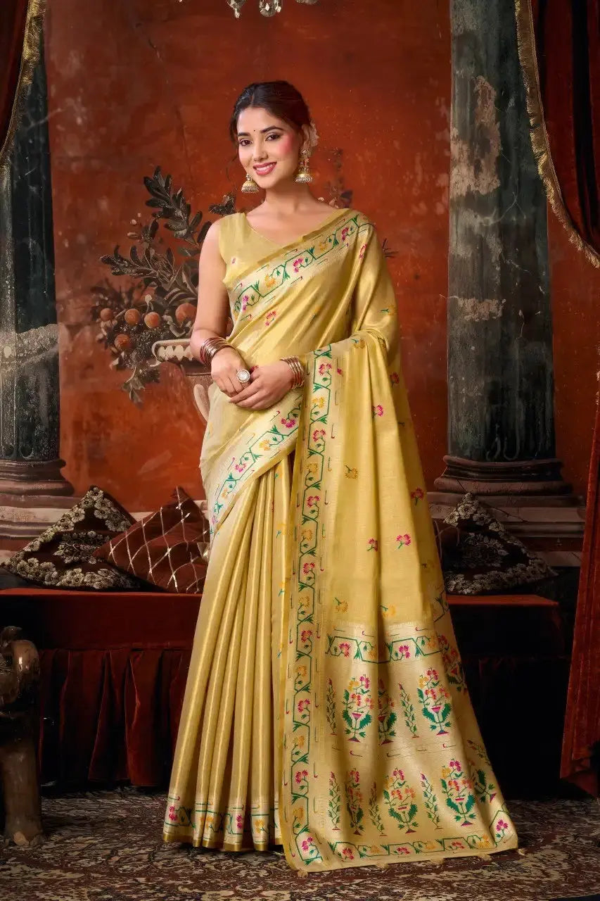 Golden Beige Tissue Silk Blend Jacquard Weaving Saree side drape – jacquard weaving detail, tissue silk | KS309 Kalyanja